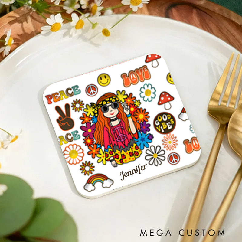 Personalized Name Hippie Accent Coaster Hippie Girl Hippie Soul Peace Love Coaster for Music Lover Gift