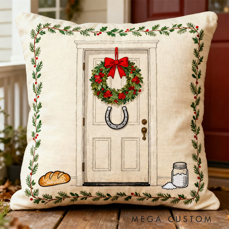Personalized Holiday Door Pillow Festive Wreath and Horseshoe Design Decorative Cushion Cozy Christmas Home Decor Soft Throw Pillow for Living Room