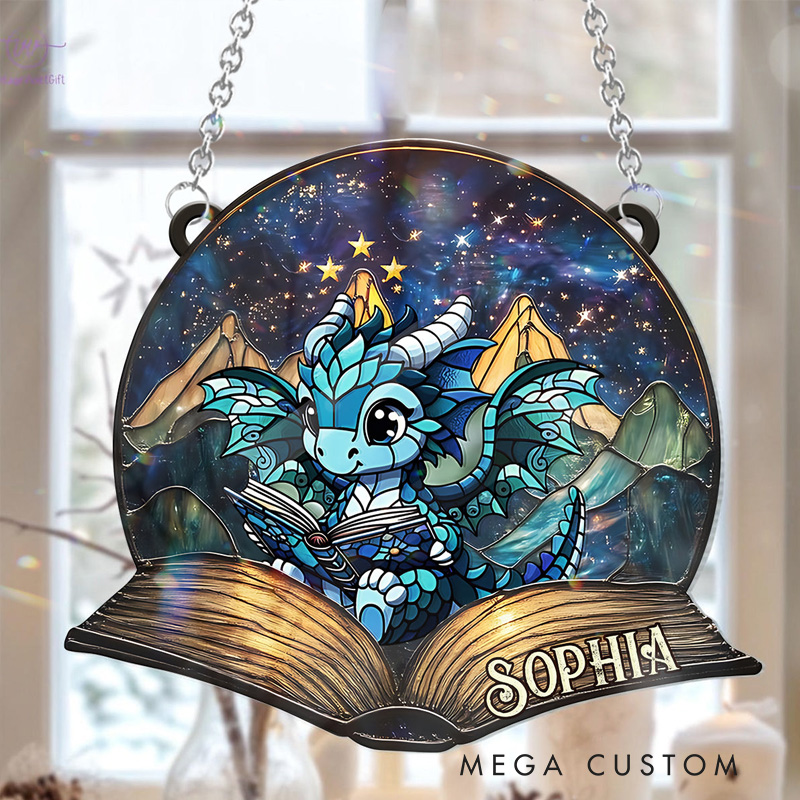 Personalized Reading Dragon Stained Glass Suncatcher Fantasy Book Reader Window Hanging Bookish Art Decor for Book Lover Gift Librarian Gift