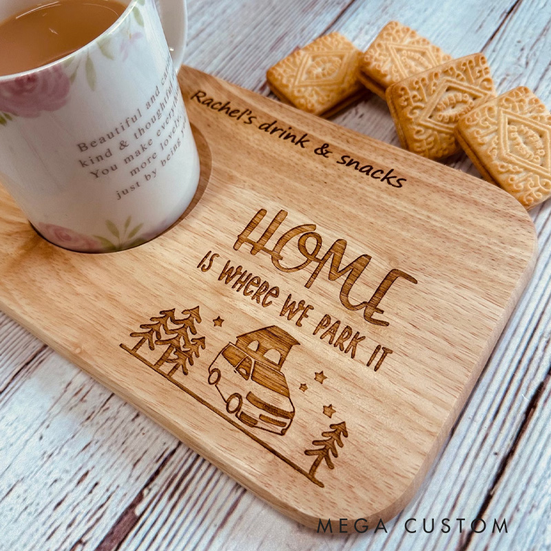 Personalized Home Is Where We Park It Tea Tray and Biscuit Board 4 Designs to Choose from Funny Camp Life Lover Gift