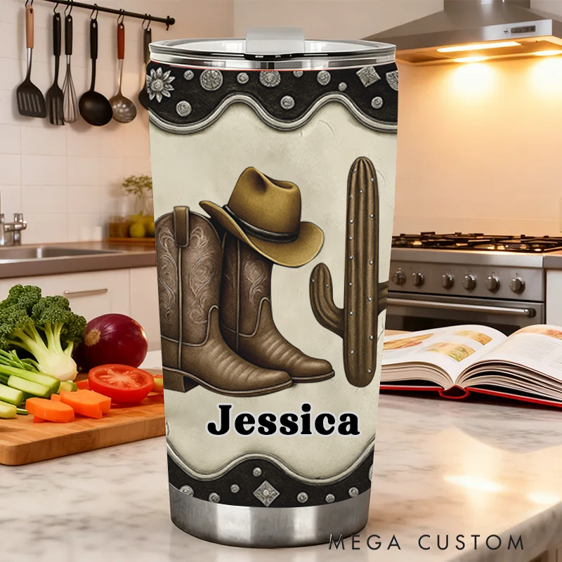 Personalized Name Cowboy Accent Tumbler Custom Cowboy Boots Gift for Music Lover
