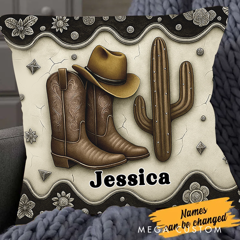 Personalized Name Cowboy Accent Throw Pillow Custom Cowboy Boots Gift for Music Lover