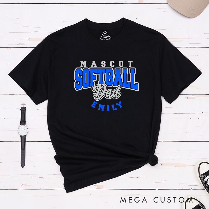 Personalized Softball Dad T-Shirt Design Featuring Custom Team Name Player Name Bold Typography and Stylish Script Accent