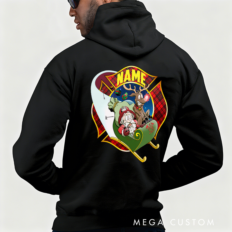 Personalized Firefighter Christmas Hoodie Custom Name Festive Shield Design Gift for Christmas Holiday 