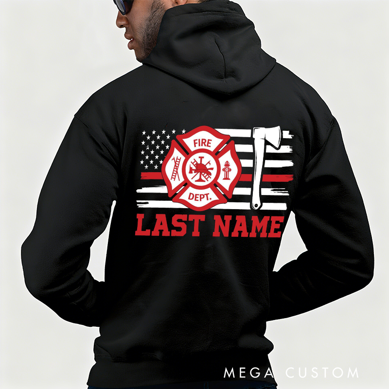 Personalized Firefighter Hoodie Custom Last Name and Fire Dept Maltese Cross Design Gift for Firefighter