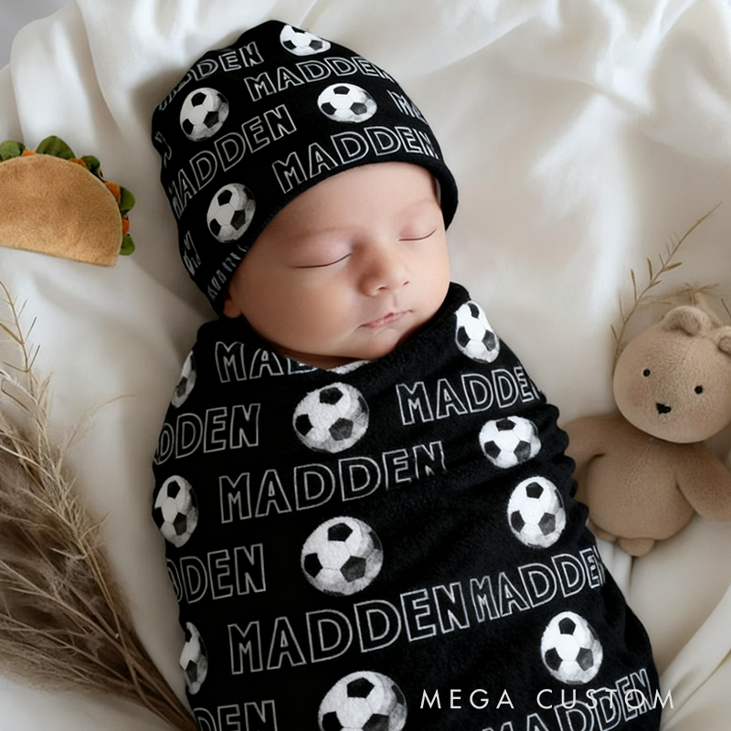 Personalized Soccer Baby Swaddle Blanket and Hat Set with Name Soft Fleece Sport Design Perfect Baby Shower or Newborn Gift