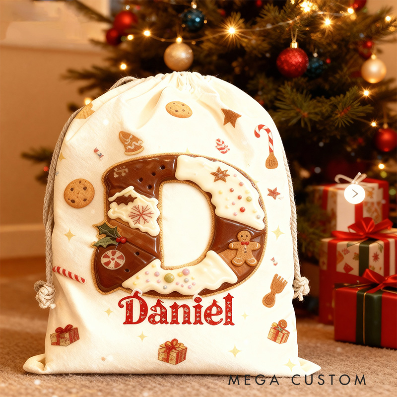 Personalized Cookie Alphabet Christmas Bag for Kids with Name Dessert Christmas Sack Holiday Santa Sack for Baking Lovers Christmas Gift