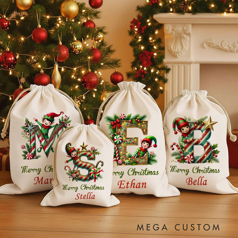 Personalized Merry Christmas Cute Elf Canvas Drawstring Gift Bag with Name and Initial First Christmas Party Favors for Kids Family