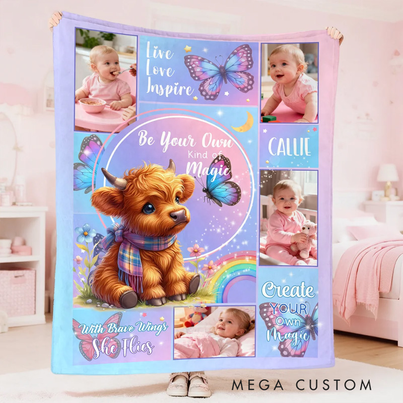 Personalized Floral Highland Cow Butterfly Soft Throw Blanket with Name and Photos Home Decor Baby Shower Birthday Gift for Girls