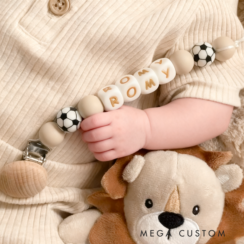 Personalized Soccer Pacifier Clip Add Newborn Baby Boy or Girl Name Custom Baby Shower New Soccer Mom Gift
