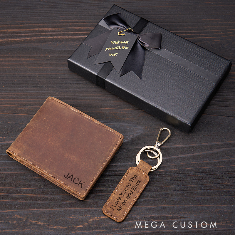 Personalized Leather Wallet Keychain Set Custom Name Leather Wallet & Keychain for Him Engraved Wallets Mens Wallet Leather Gift For Him Gift for Husband Boyfriend Father