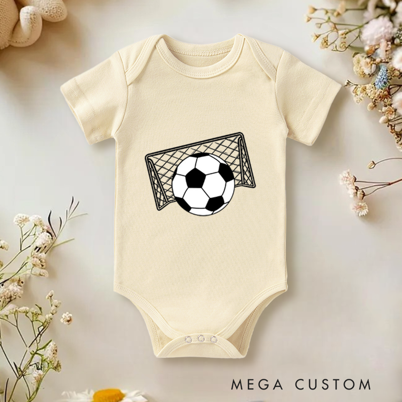 Personalized Soccer Baby Onesie With  Name And Number Editable Bodysuit Goal Net Front Design Baby Team Jersey Football Gift for Little Fans