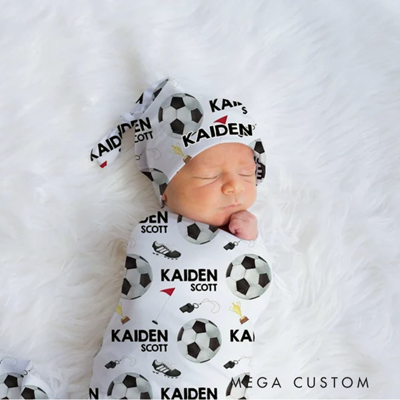 Personalized Soccer Baby Blanket Set Name Soft Fleece Sport Design Perfect Baby Shower Gift