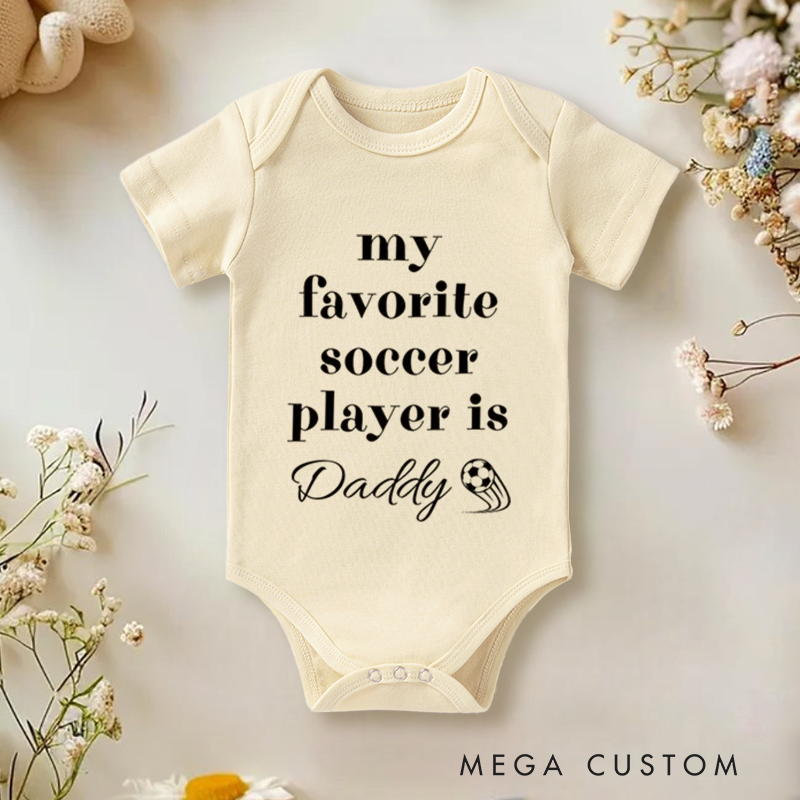 Personalized Soccer Baby Onesie with Minimal Text and Soccer Graphic, made from Soft Cotton Fabric with Editable Name or Title