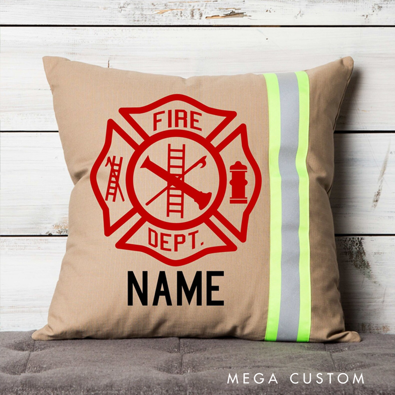Personalized Firefighter Emblem Pillow with Custom Name and Reflective Stripe Gift for Firefighters