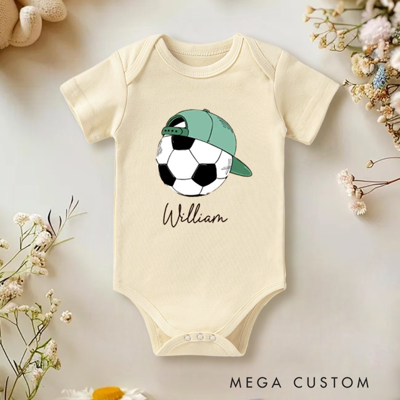 Personalized Soccer Baby Onesie with Baseball Cap and Ball Graphic, made from Soft Cotton Fabric with Editable Name