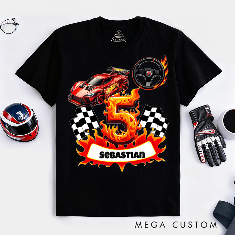 Personalized Racing T-Shirt Custom Name and Number Flame Car Checkered Flag Design for Racers and Racing Lovers