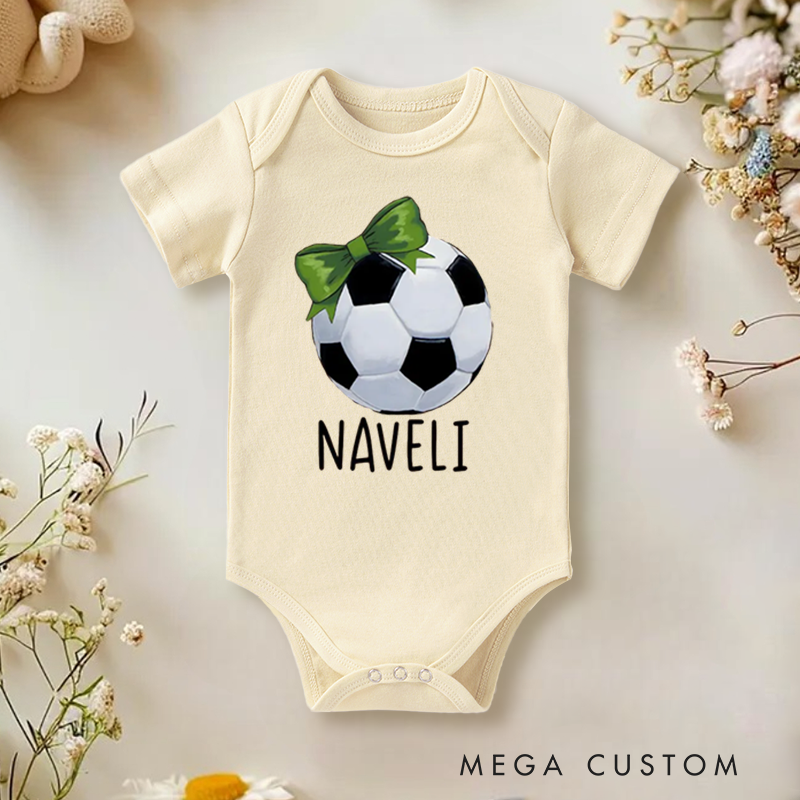 Personalized Soccer Baby Onesie with Bow and Ball Design Soft Cotton Fabric and Editable Name or Nickname