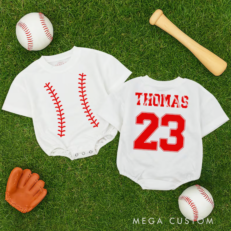 Personalized Baseball Baby Romper Custom Name and Number Game Day Baby Bodysuit Baby Boy Baseball Outfit Baseball Baby Shower Gift