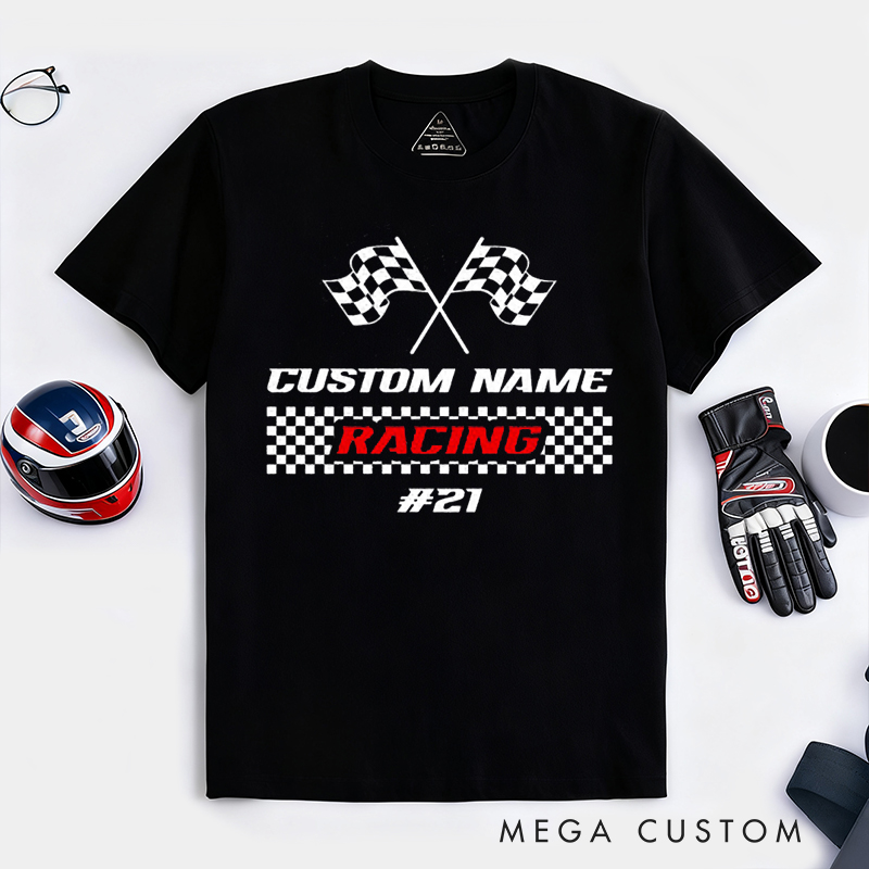 Personalized Racing T-Shirt Custom Name and Number Race Team Tee Gift for Racers and Racing Lovers
