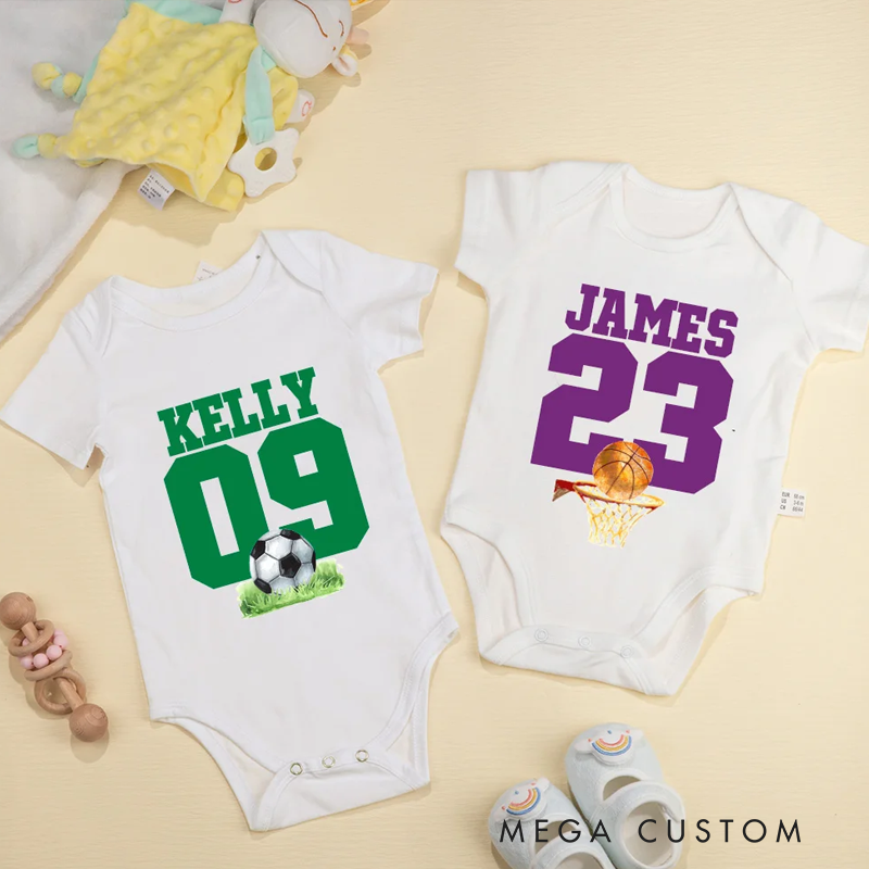 Personalized Football Basketball Sport Theme 100% Cotton Game Day Baby Bodysuit with Name and Number Birthday Baby Shower Gift for Newborns
