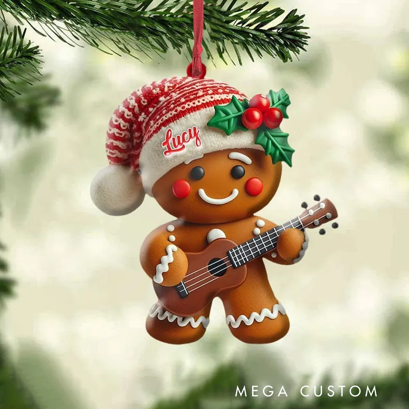 Personalized Gingerbread Playing Piano Ornament Custom Name Ukulele Christmas Tree Ornament Music Band Ornament