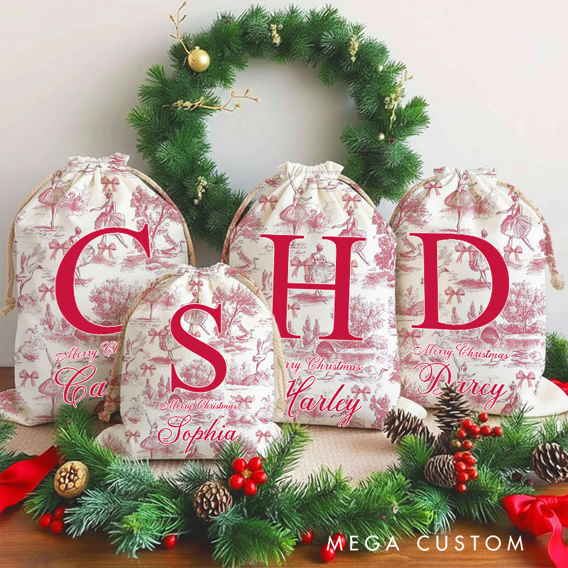 Personalized Vintage Toile De Jouy Ballet Initial Canvas Drawstring Gift Bag with Name Christmas Gift for Family Friends Dance Lovers