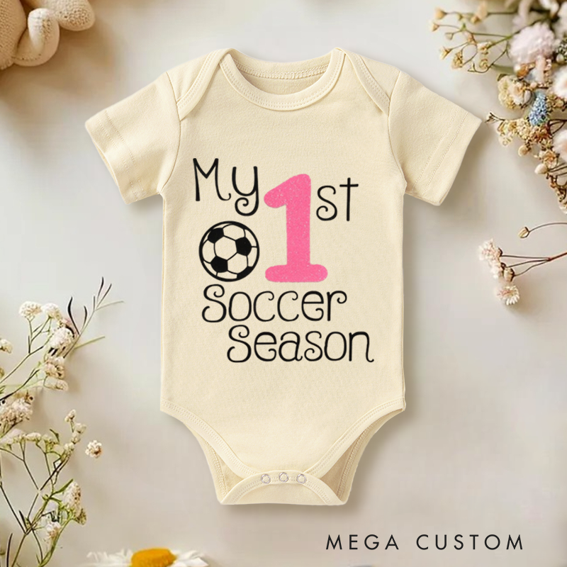 Personalized Baby Onesie with Soccer Ball and Number Motif Design Symbolizing Growth and Special First Milestones