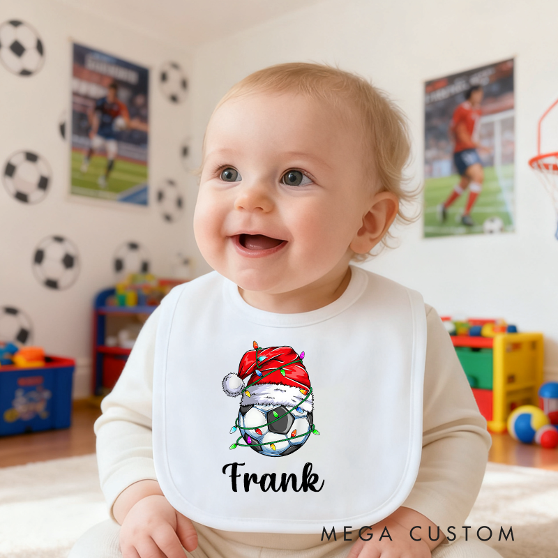 Personalized Christmas Hat Sports Ball Baby Bib Baby Bib with Name Feeding Accessory Baby Shower Welcome Christmas Gift for Baby Kid