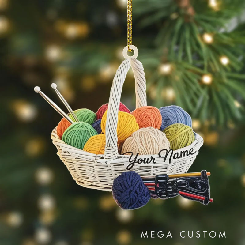 Personalized Knitting Ornament  Custom Yarn Basket with Needles Acrylic Christmas Ornament Gift for Knitting Lovers