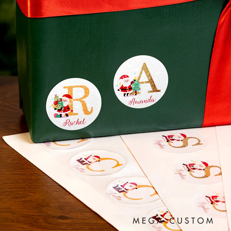 Personalized Santa Claus Initial Glitter Waterproof Stickers Labels with Name Gift Decor Christmas Party Favors for Family Friends