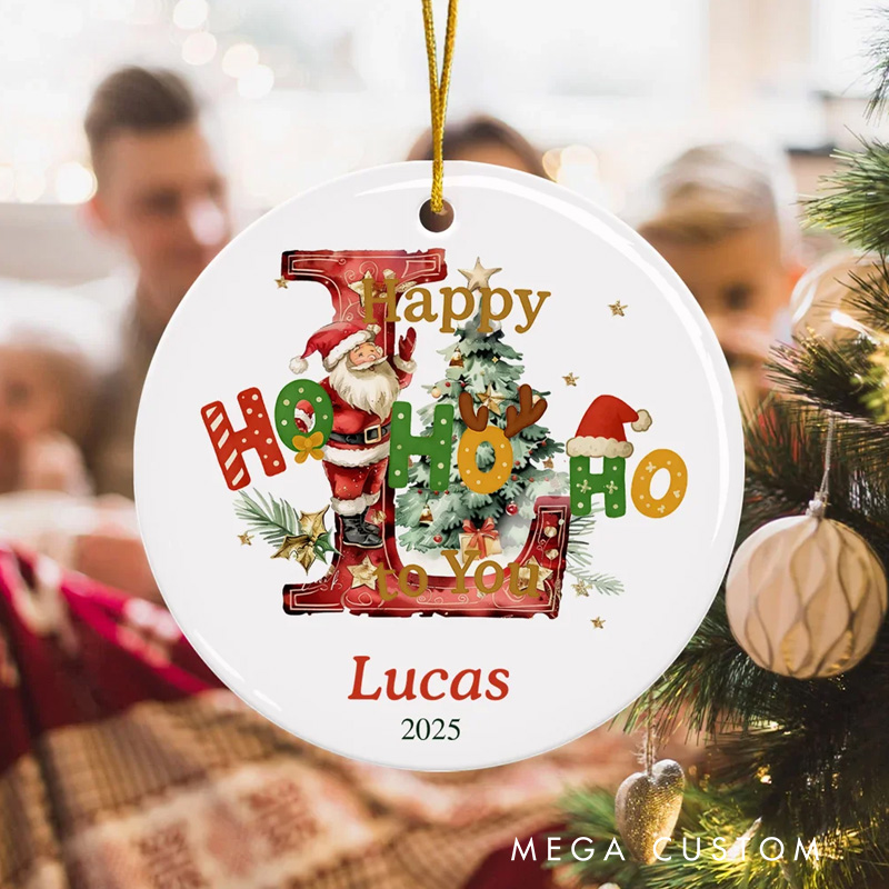 Personalized Happy HoHoHo to You Santa Claus Acrylic Ceramic Ornament with Initial Name and Year Tree Decor Christmas Gift for Kids Family