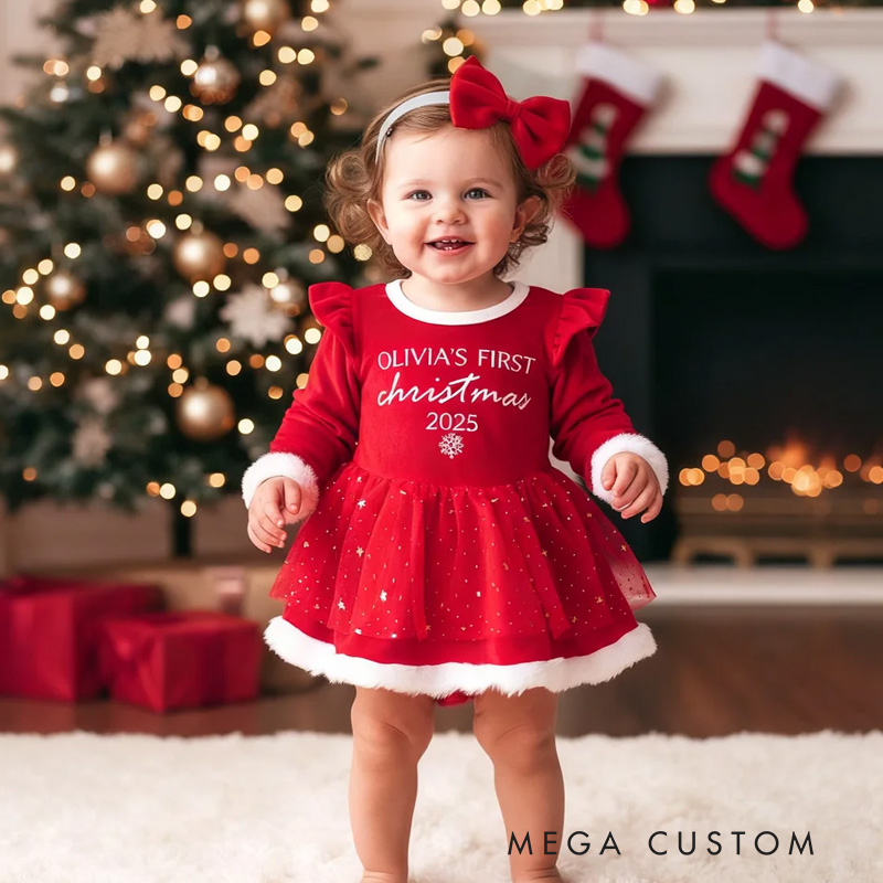 Personalized Baby Girl Red Tutu Dress Bow Headband Outfit with Name and Year Holiday Party Outfit Christmas Gift for Baby Girls