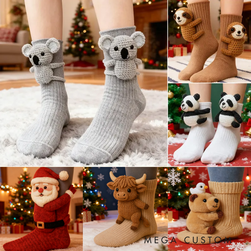 Personalized 3D Knit Animal Sloth Socks Koala Santa Claus Elk Panda Funny Animal Socks Hand Crocheted Funny Christmas Gift Warm Floor Socks
