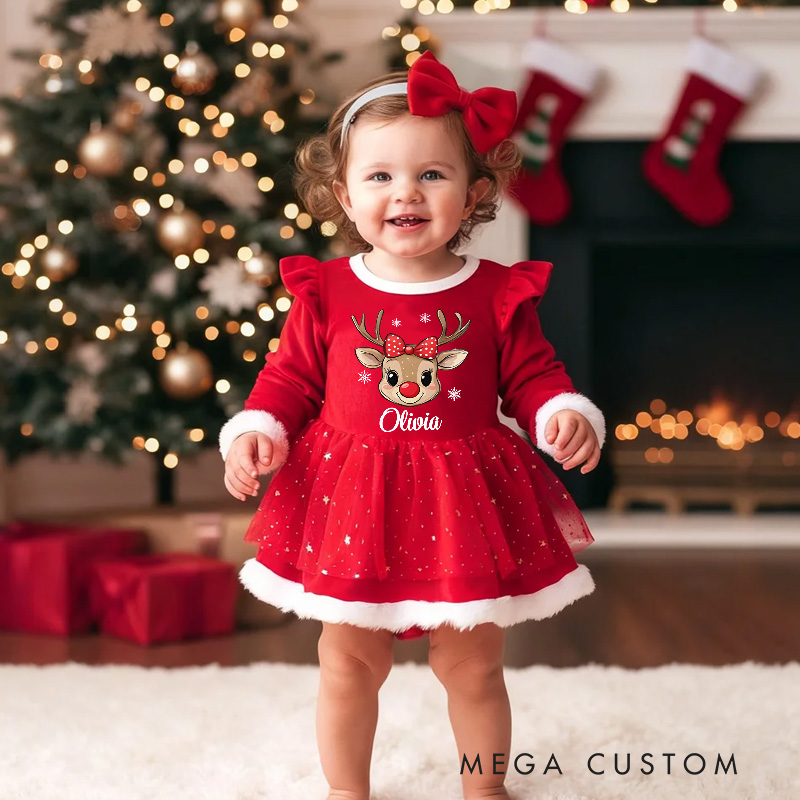 Personalized Baby Reindeer Name Custom Holiday Outfit Cute Festive Christmas Party Wear Adorable Winter Celebration Red Tutu Dress