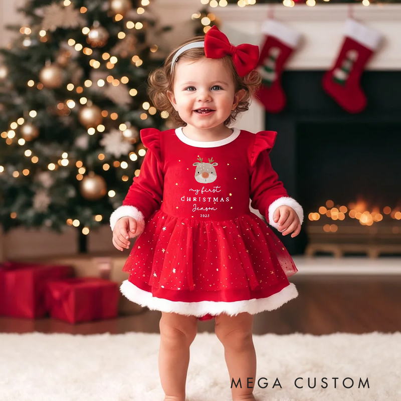 Personalized Baby Girl First Christmas Outfit Custom Name Cute Reindeer Santa Style Holiday Party Adorable Winter Red Tutu Dress