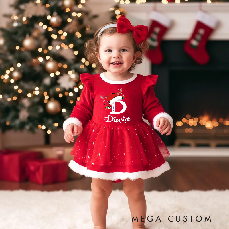 Personalized Baby Girl Initial Name Custom Holiday Outfit Cute Santa Style Festive Party Wear Adorable Christmas Celebration Red Tutu Dress