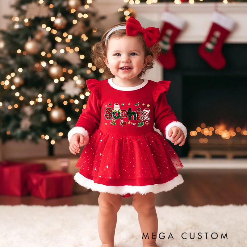 Personalized Baby Girl Name Custom Holiday Outfit Merry Christmas Cute Santa Style Festive Party Adorable Winter Celebration Red Tutu Dress