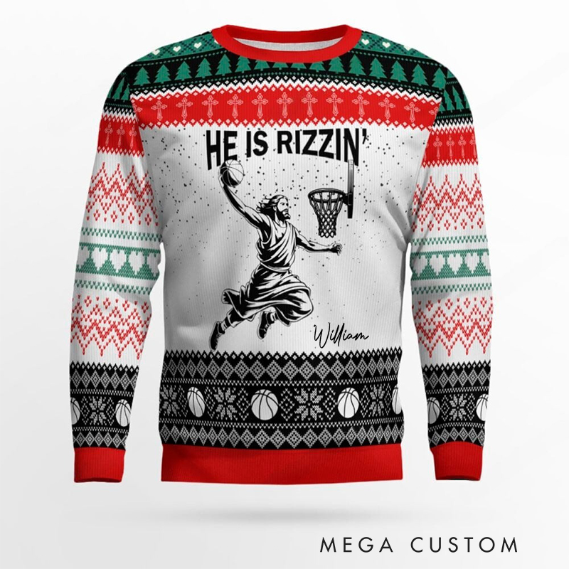 Personalized "He Is Rizzin'" Basketball Ugly Christmas Sweatshirt with Custom Name – Funny Jesus Basketball Meme Gift for Basketball Lovers