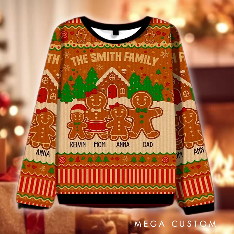 Personalized Gingerbread Family Ugly Christmas Sweater with Name Custom Name Holiday Jumper Matching Party Top