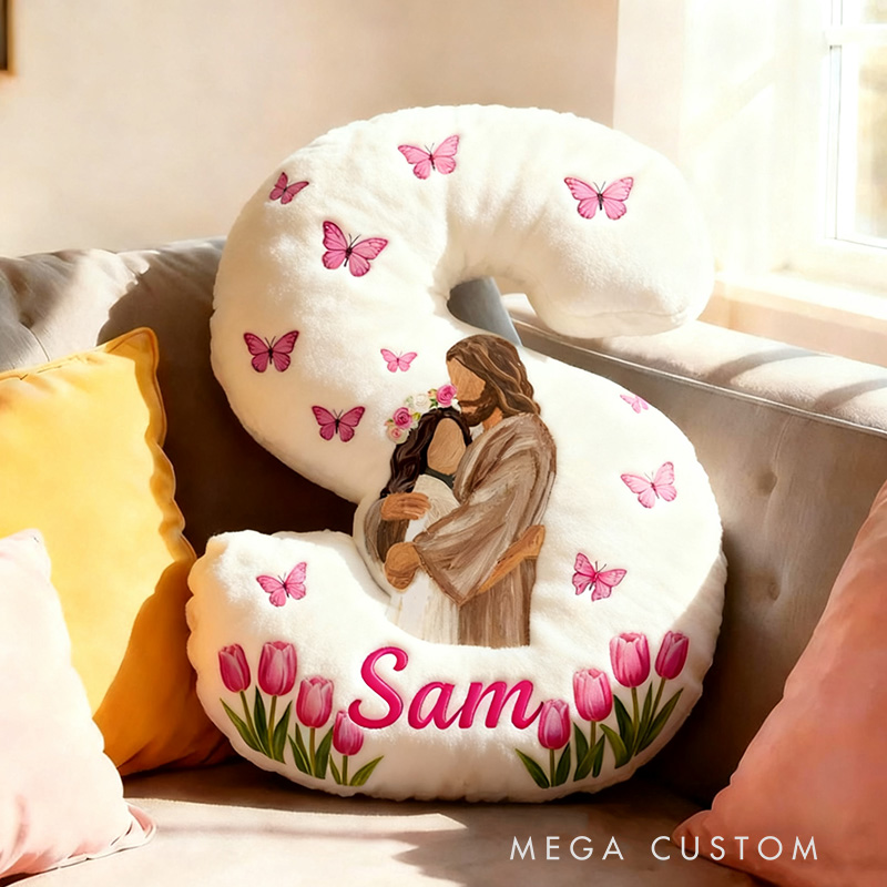 Personalized Jesus Hug Letter Pillow with Custom Name Kid Rome Decor Pink Butterflies and Tulips Christian Pillow Religious Gift for Her