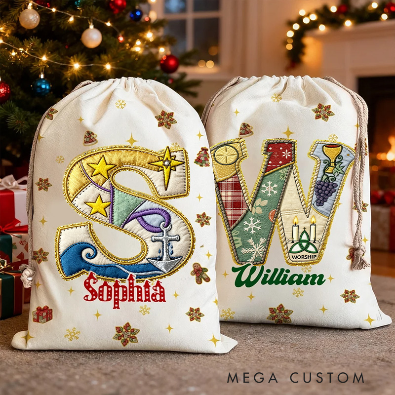 Personalized Christian Christmas Tree Snowflake Initial Drawstring Canvas Gift Bag with Name Collage Style Christmas Eve Party Favors for Kids Family