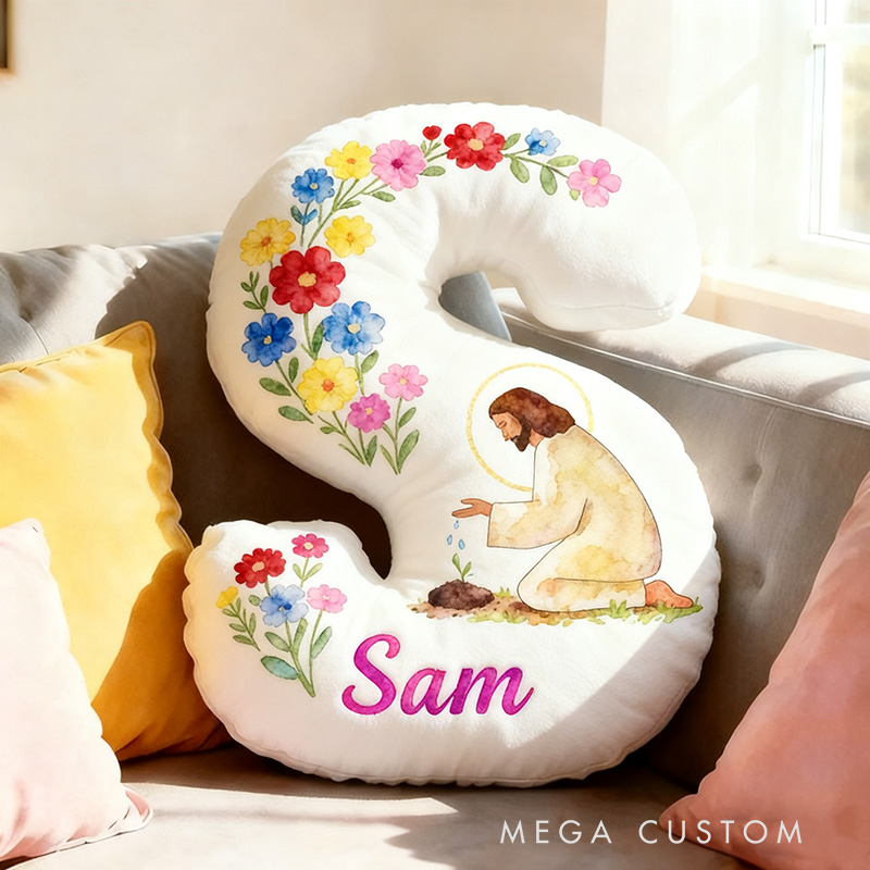 Personalized Jesus Sowing Seeds Letter Pillow with Custom Name Home Decor Christian Colorful Floral Pillow Religious Gift for Her
