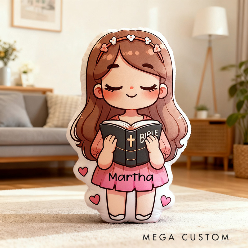 Personalized Cute Girl Holding Bible Pillow with Custom Name Kids Room Decor Religious Christian Faith Gift for Girl