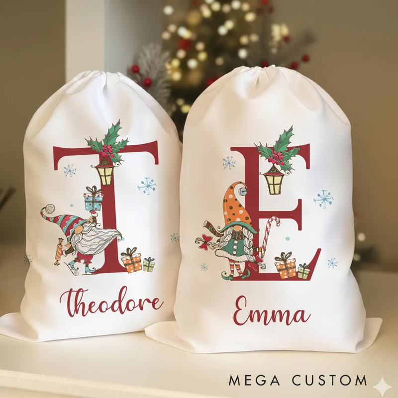 Personalized Cute Gnome Initial Letter Holiday Gift Sack Festive Custom Name Santa Style Joyful Holiday Magic Christmas Bag