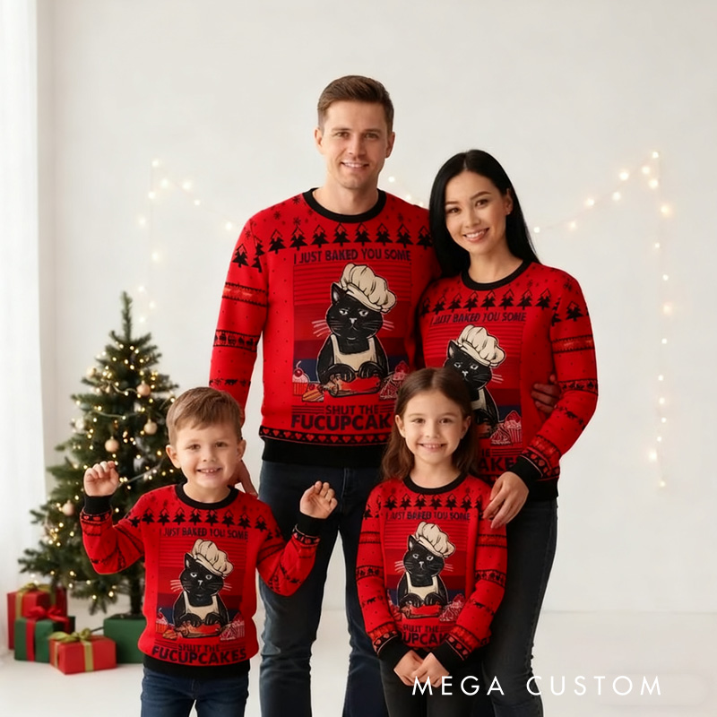 Personalized Shut the Fucupcakes Christmas Sweater Christmas Ugly Sweater for Men and Women Baking Cat Lover Christmas Gift