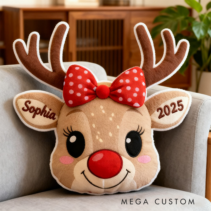 Personalized Cute Reindeer Face with Red Bow Custom Name and Year Soft Holiday Decoration Cozy Christmas Gift Plush Pillow