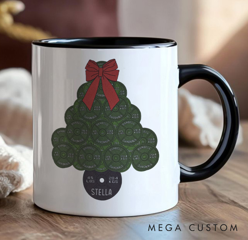 Personalized45lb Plate Christmas Tree Mug with Lifter Christmas Mug Gift Motivational Coffee Cup for Fitness Enthusiasts Bodybuilders and Gym Lovers