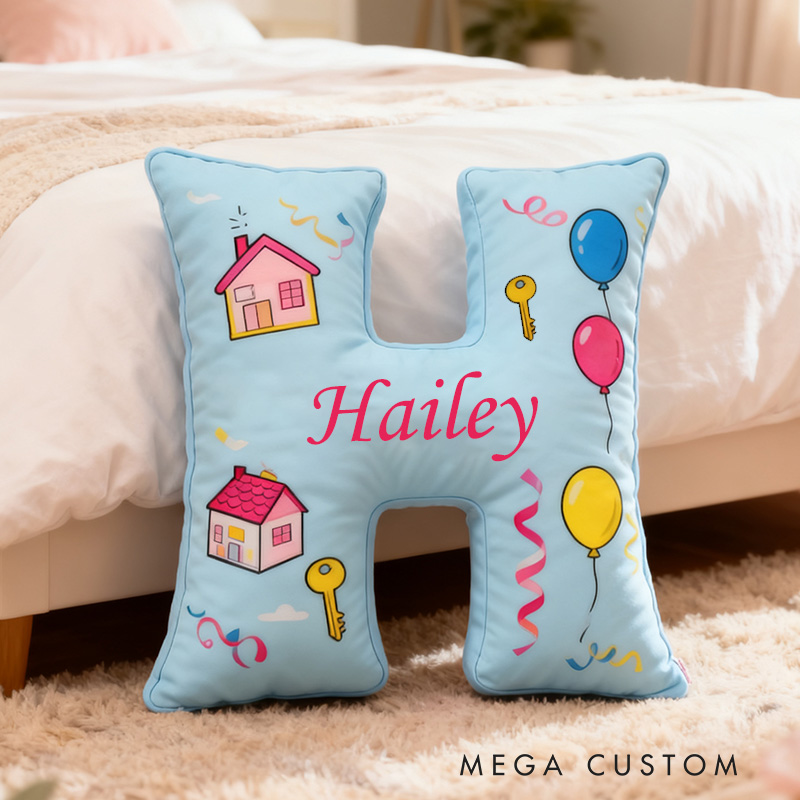 Personalized New Home Letter Pillow Graphic 3D Print Custom Name Design Soft Decorative Cushion with House and Balloon Theme Perfect Gift