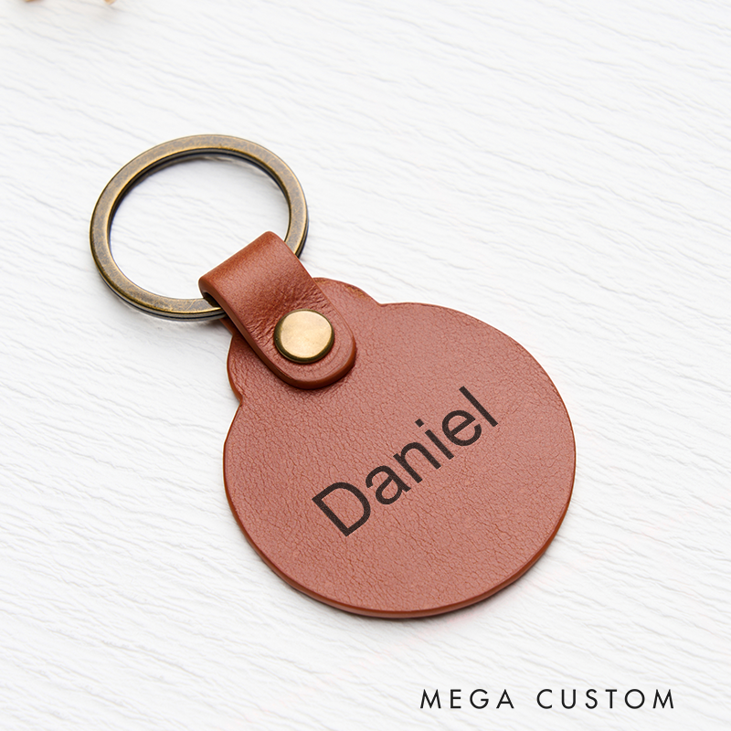 Personalized Leather Keychain for Men Custom Round Keychain with Name Engraved Leather Key Chain Anniversary Gift for Him Groomsmen Gift Birthday Gift